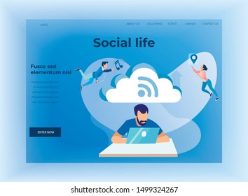 Social Life and Cloud Storage Text Design Landing Page. Cartoon Man Networking on Laptop via Wi-Fi Internet. Guy Sorting and Analyzing Information in CCS. Metaphor Vector Flat Illustration