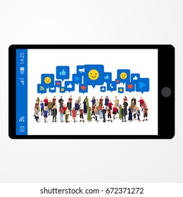 Social life concept. Illustration of modern lifestyle. Talking with friends through phone. Application window. Vector illustration.