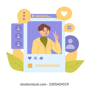 Social life concept. Young girl shows two fingers. Photo of woman in post. Popular social media personality and famous blogger. Account with reactions. Cartoon flat vector illustration