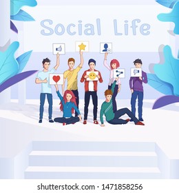 Social life flat vector illustration. Students holding social media icon cards. Modern communication. Group of young men, women cartoon characters. Social media networks, internet community, society