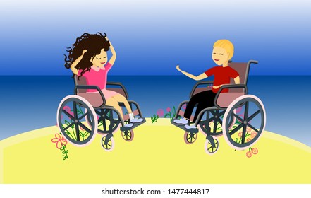 Social life of people with disabilities. Children on wheelchairs on a background of nature