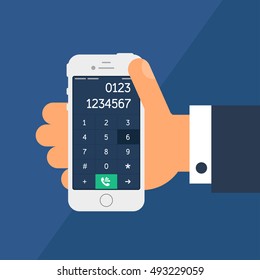 Social Life With Smartphone Dial. Telephone In Hand And Smartphone Screen With Number In Flat Minimalistic Style. Vector