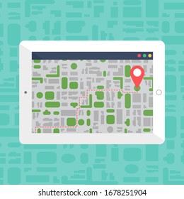 Vida social con Tablet. Mapa electrónico en Mobile Gadget en estilo minimalista plano. Vector