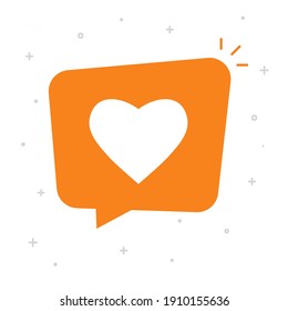 Social like notice bubble speech icon vector concept, flat cartoon love heart message symbol isolated orange color