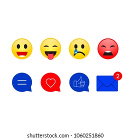 Social Like smile expression chat collection. Funny flat emoji emoticon reactions color icon.