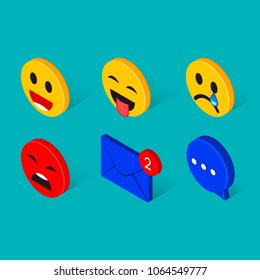 Social Like smile expression chat isometric collection. Flat emoji emoticon reactions color icon set. Chatting element.
