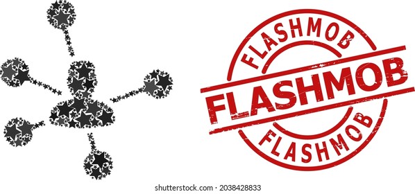 Social links star pattern and grunge Flashmob seal stamp. Red seal with grunge style and Flashmob word inside circle.