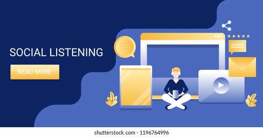 Social Listening, Brand Awareness Monitoring, Word Of Mouth Flat Design Vector Banner