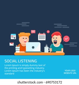 Social listening, community marketing, social networking, social media marketing flat vector illustration on dark background