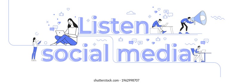 Social listening concept with characters. Viral marketing, trends analysis, modern advertising business. Social network monitoring, measurement. Flat Illustration thin line Art design of vector.