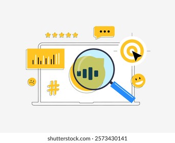 Social listening concept illustration with analytics, sentiment analysis, audience engagement, online conversation monitoring, and social media trend tracking. Perfect for digital marketing visuals