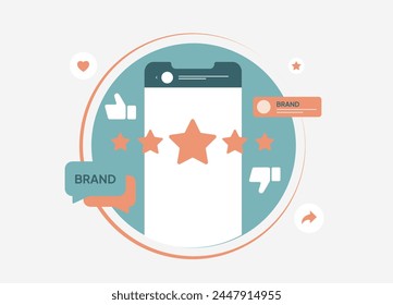 Social listening concept. Team monitors social media mentions, analyzes brand keywords, Audience sentiment, feedback, product opinions, Common challenges, Competitor perceptions. Vector illustration