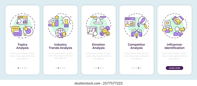 Social listening features onboarding mobile app screen. Walkthrough 5 steps editable graphic instructions with linear concepts. UI, UX, GUI template