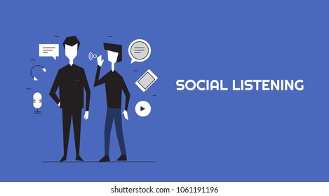 Social Listening - Social Media, Business, Marketing, Sharing Flat Vector Concept With Icons Isolated On Blue Background