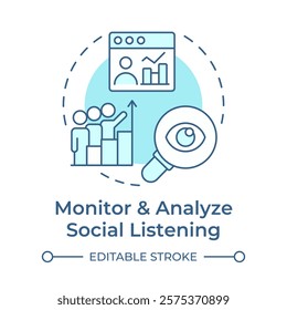 Social listening monitoring and analysis soft blue concept icon. Marketing metrics, statistics. Round shape line illustration. Abstract idea. Graphic design. Easy to use in infographic