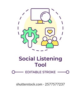 Social listening tool multi color concept icon. Media analysis, monitoring. Research, marketing. Round shape line illustration. Abstract idea. Graphic design. Easy to use in infographic