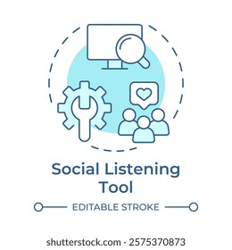 Social listening tool soft blue concept icon. Media analysis, monitoring. Research, marketing. Round shape line illustration. Abstract idea. Graphic design. Easy to use in infographic