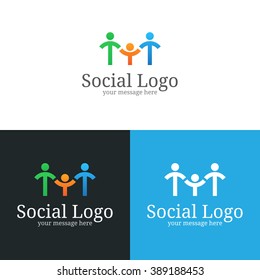 Social logo design. Two adults and one child holding hands. Stick figures family vector illustration.