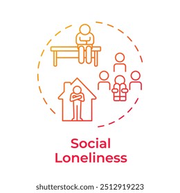 Social loneliness red gradient concept icon. Socializing, friendship. Mental wellbeing. Round shape line illustration. Abstract idea. Graphic design. Easy to use in infographic, presentation