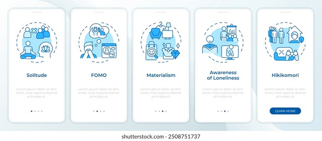 Social loneliness types blue onboarding mobile app screen. Walkthrough 5 steps editable graphic instructions with linear concepts. UI, UX, GUI template