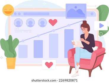 Social marketing analytics flat concept vector spot illustration. Editable 2D cartoon character on white for web design. SEO strategy planning creative idea for website, mobile, magazine