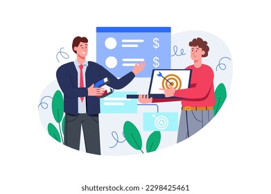 Social marketing color concept with people scene in the flat cartoon style. Marketer presents the director with a new marketing project aimed at social needs. Vector illustration.