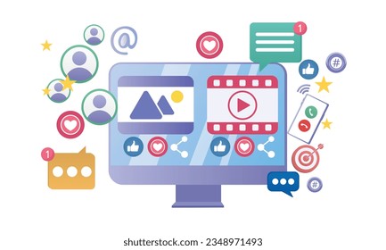 Social marketing development video computer.on white background.Vector Design Illustration.