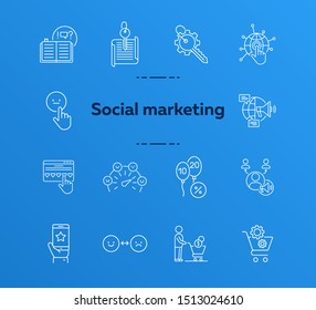 Social marketing icons. Set of line icons. Open book, balloons with numbers. Marketing concept. Vector illustration can be used for topics like banking, business