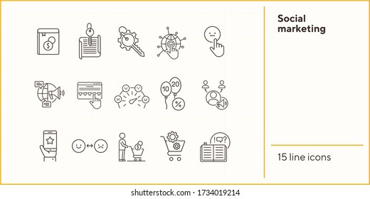 Social marketing icons. Set of line icons. Open book, balloons with numbers. Marketing concept. Vector illustration can be used for topics like banking, business