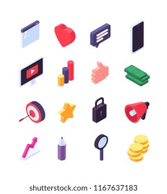 Social marketing isometric icons. Media message and search 3d social signs. Video, internet and music vector symbols. Isometric network social icon, illustration of marketing and communication