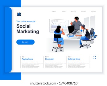 Social marketing isometric landing page. Marketing team brainstorming with infographics in office situation. Marketing research and presentation, SMM and SEO technologies perspective flat design.