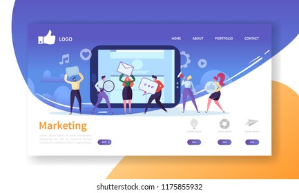 Social Marketing Landing Page Template. Website Layout with Flat People Characters Advertising. Easy to Edit and Customize Mobile Web Site. Vector illustration