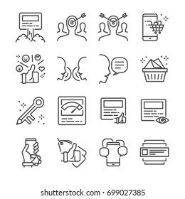 Social Marketing Line Icon Set. Included The Icons As Boost Post, Viral , Marketing, Keyword, Audience, Target And More.