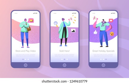 Social marketing onboarding mobile app screens. Man and woman characters promoting online in social network using smartphone and megaphone for website or web page. Vector illustration