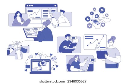 Social Marketing with People Managing Business Process Vector Illustration Set