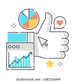 Social marketing related color line vector icon, illustration. The icon is about thumbs up, statistics, growth, pie chart, advertisement, promotion. The composition is infinitely scalable.
