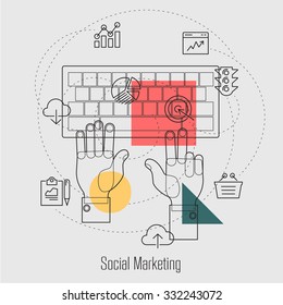 Social Marketing, Search Engine Optimization Line Concept Webdesign Illustration Template Icons Collection
