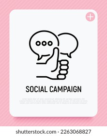 Social marketing: thumbs up and speech bubbles. Thin line icon. Report, review, advertising in internet. Vector illustration.