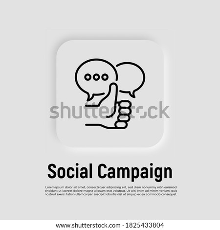 Social marketing: thumbs up and speech bubbles. Thin line icon. Report, review, advertising in internet. Vector illustration.