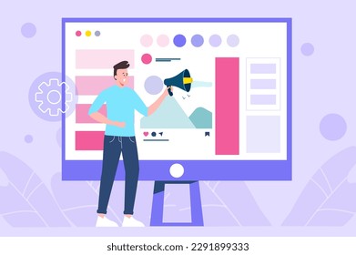 Social marketing violet concept with people scene in the flat cartoon design. Marketer distributes social advertising on the Internet. Vector illustration.