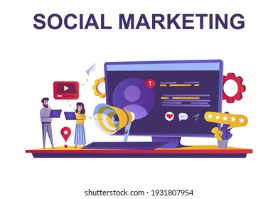 Concepto de web de marketing social en estilo plano. La gente promociona los negocios en las redes sociales, atrae nuevos compradores, la escena de la comunicación de los clientes. Ilustración vectorial de personajes de dibujos animados para el diseño de sitios web