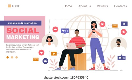 Social Marketing web page template with man on laptop and girl on mobile phone surrounded by internet icons, colored vector illustration