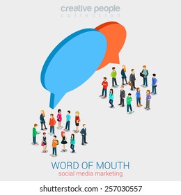 Social Marketing Word Of Mouth Gossip Flat 3d Web Isometric Infographic Internet Online Technology Concept Vector Template. Groups Of Micro People And Chat Callout Signs. Creative People Collection.