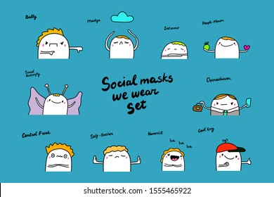 Social masks hand drawn vector illustration in cartoon comic style man people self basher bully butterfly cool guy freak humorist introvert martyr overachiever pleaser