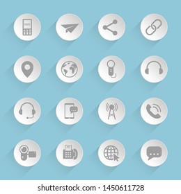 social mass media gray vector icons on round puffy paper circles with transparent shadows on blue background for web, mobile and user interface design