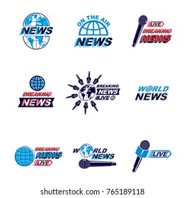Social mass media logo, emblems and poster vector templates collection. Blue Earth, journalistic microphones composed with news, breaking news and live news writings.