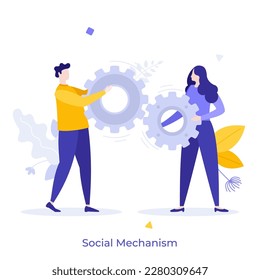 Social Mechanism flat concept vector illustration. People interaction setup. Communication in groups cartoon characters on white for web design. Creative idea for website, mobile, presentation