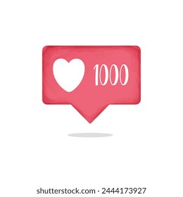 Social media 1000 likes. Counter notification Like, follower red heart icon web notice element. Watercolor design. Vector illustration.