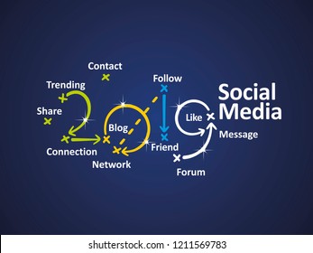 Social Media 2019 word cloud blue background vector