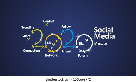 Social Media 2020 word cloud arrows blue background vector